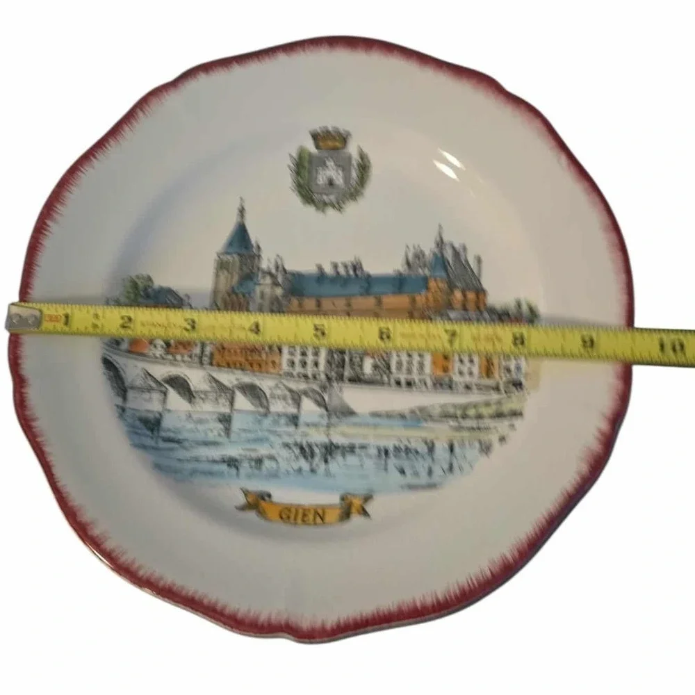 Gien France Plate Decorative Wall Hanging Plate Town‎ Scene Red Trim